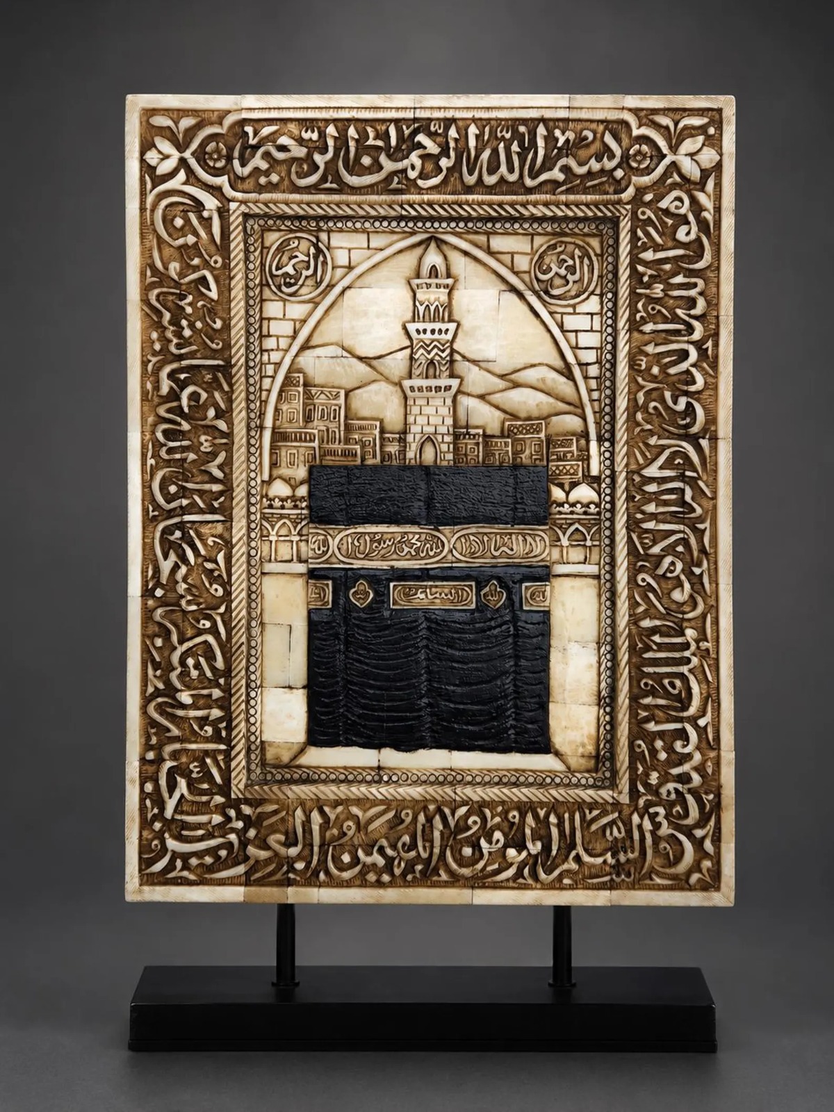 kaaba view handmade Mughal natural camel bone panel